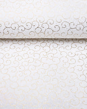Japanese chiyogami paper featuring metallic gold traditional karakusa design on a white background with silver glitter.