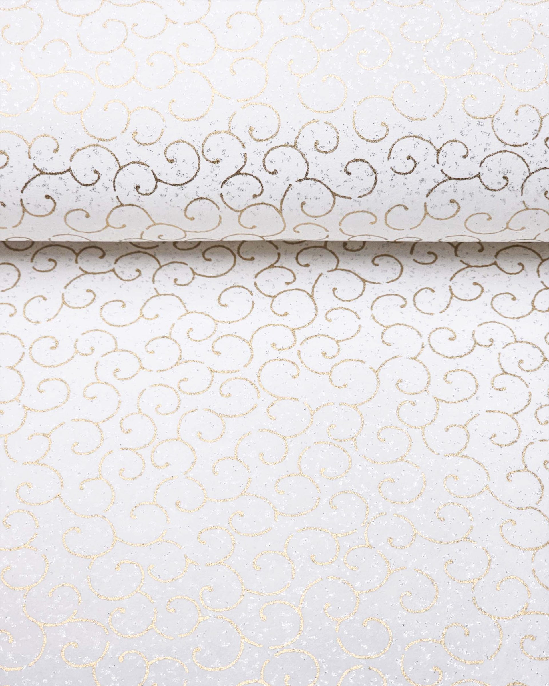 Japanese chiyogami paper featuring metallic gold traditional karakusa design on a white background with silver glitter.