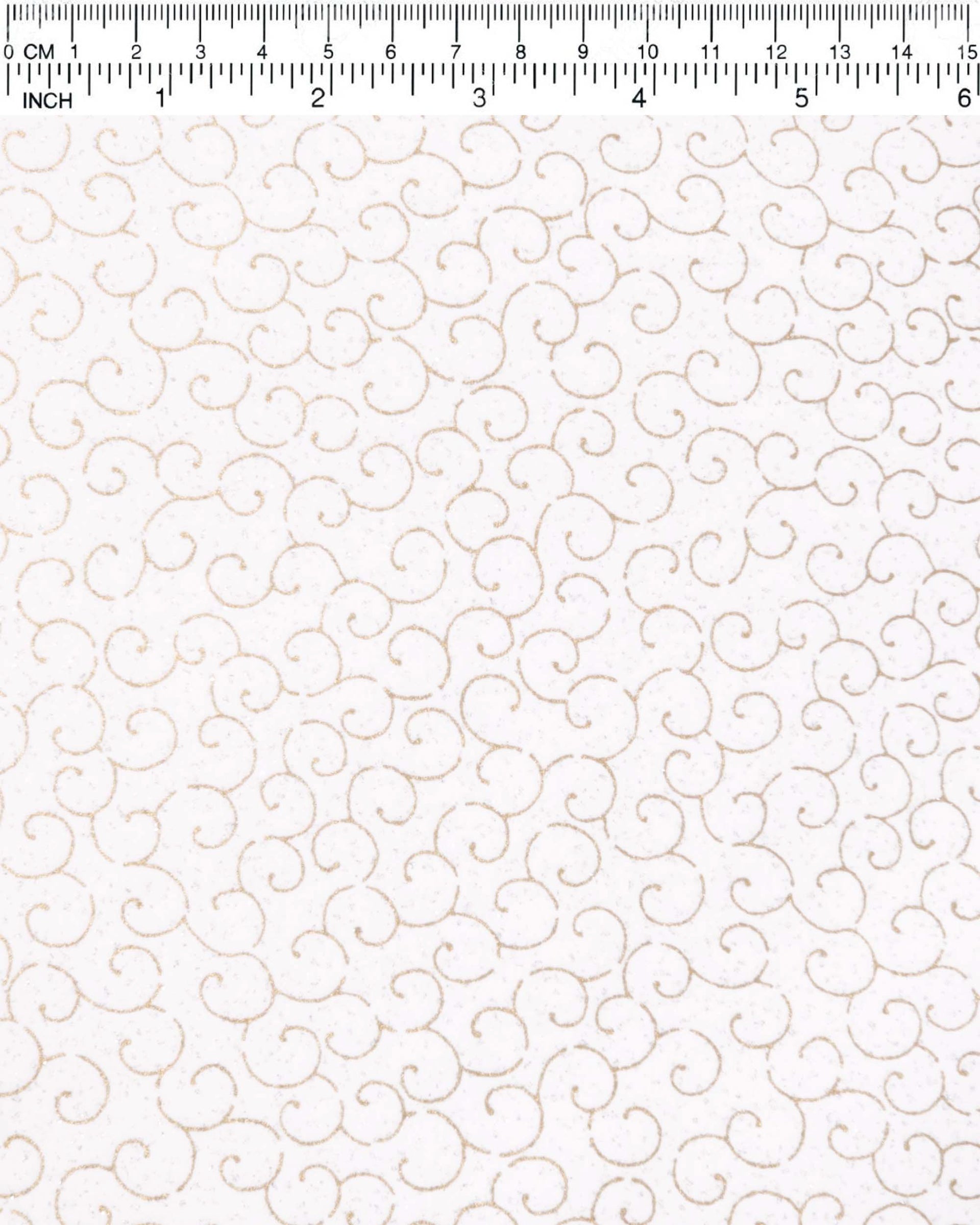 Japanese chiyogami paper featuring metallic gold traditional karakusa design on a white background with silver glitter.