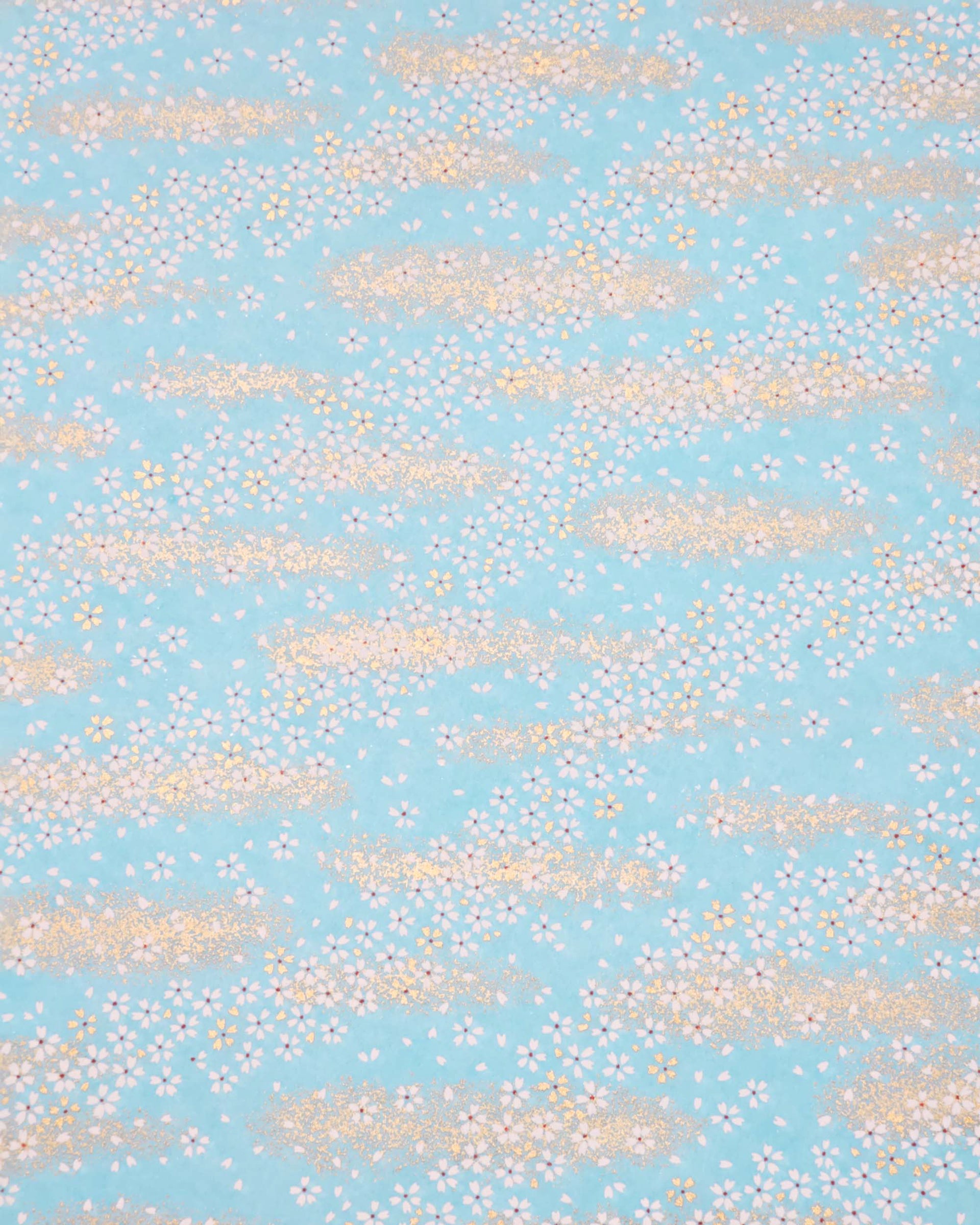 Japanese chiyogami paper featuring small white and gold cherry blossoms on an aqua blue background with metallic gold details.