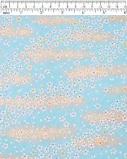 Japanese chiyogami paper featuring small white and gold cherry blossoms on an aqua blue background with metallic gold details.