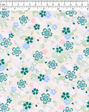 Japanese chiyogami paper featuring green, white, blue, and pink cherry blossoms on a green background with metallic gold details.