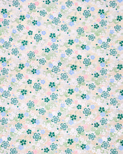 Japanese chiyogami paper featuring green, white, blue, and pink cherry blossoms on a green background with metallic gold details.
