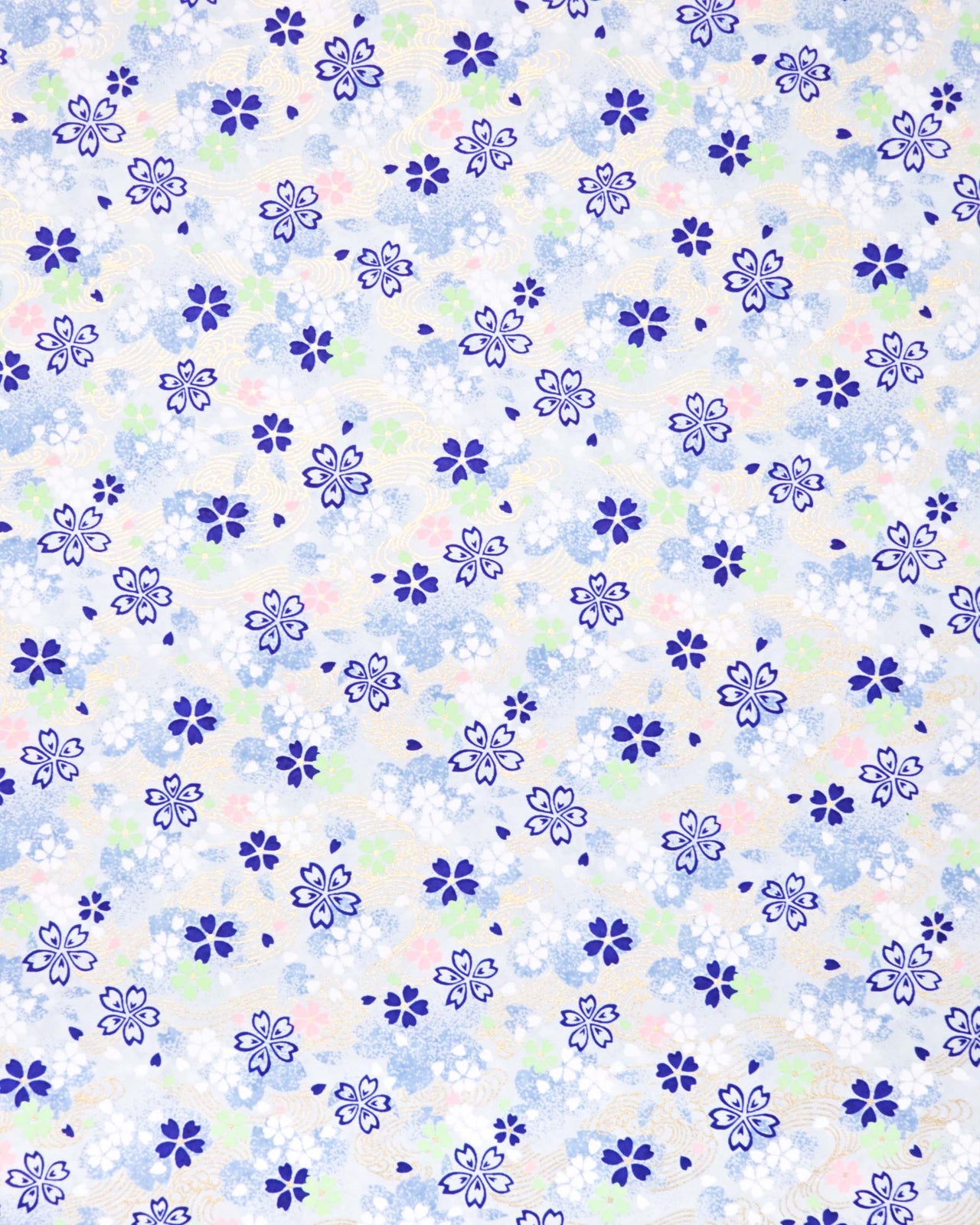 Japanese chiyogami paper featuring blue, white, green, and pink cherry blossoms on a light blue background with metallic gold details.