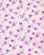 Japanese chiyogami paper featuring purple, white, green, and pink cherry blossoms on a purple background with metallic gold details.