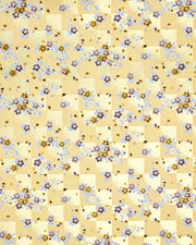 Japanese chiyogami paper featuring brown and white cherry blossoms on a caramel brown and gold ichimatsu (checker) background with metallic gold details.