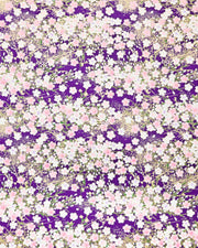 Japanese chiyogami paper featuring light pink and white cherry blossoms on a dark purple background with metallic gold details.