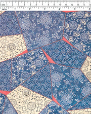Japanese chiyogami paper featuring blue, beige, and red patches with floral and traditional Japanese patterns with metallic gold details.