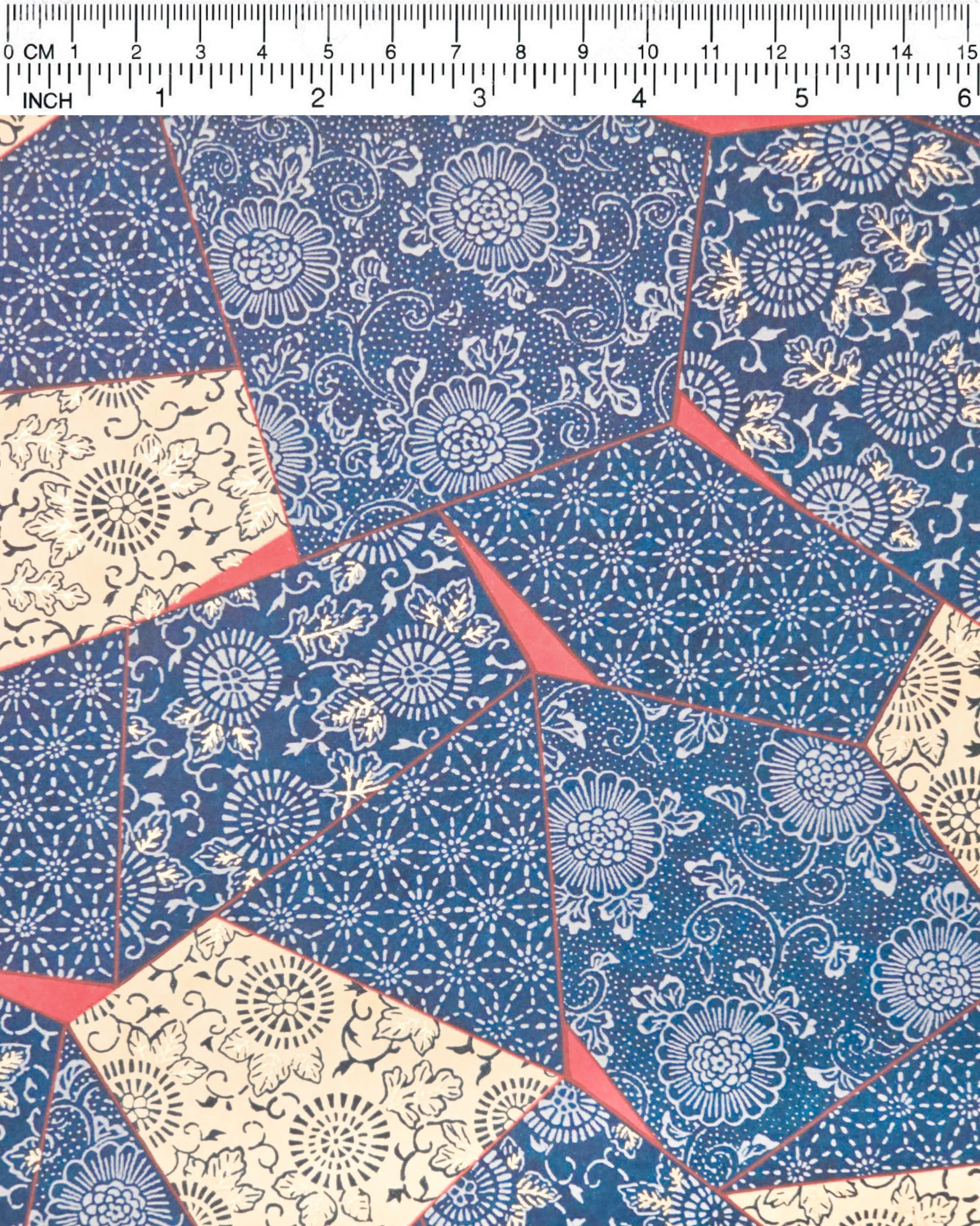 Japanese chiyogami paper featuring blue, beige, and red patches with floral and traditional Japanese patterns with metallic gold details.