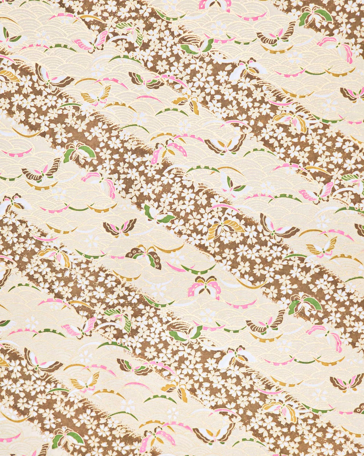Japanese chiyogami paper featuring brown, pink, and green butterflies and small brown cherry blossoms on a brown seigaiha (wave crest) background with metallic gold details.