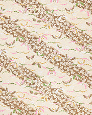 Japanese chiyogami paper featuring brown, pink, and green butterflies and small brown cherry blossoms on a brown seigaiha (wave crest) background with metallic gold details.