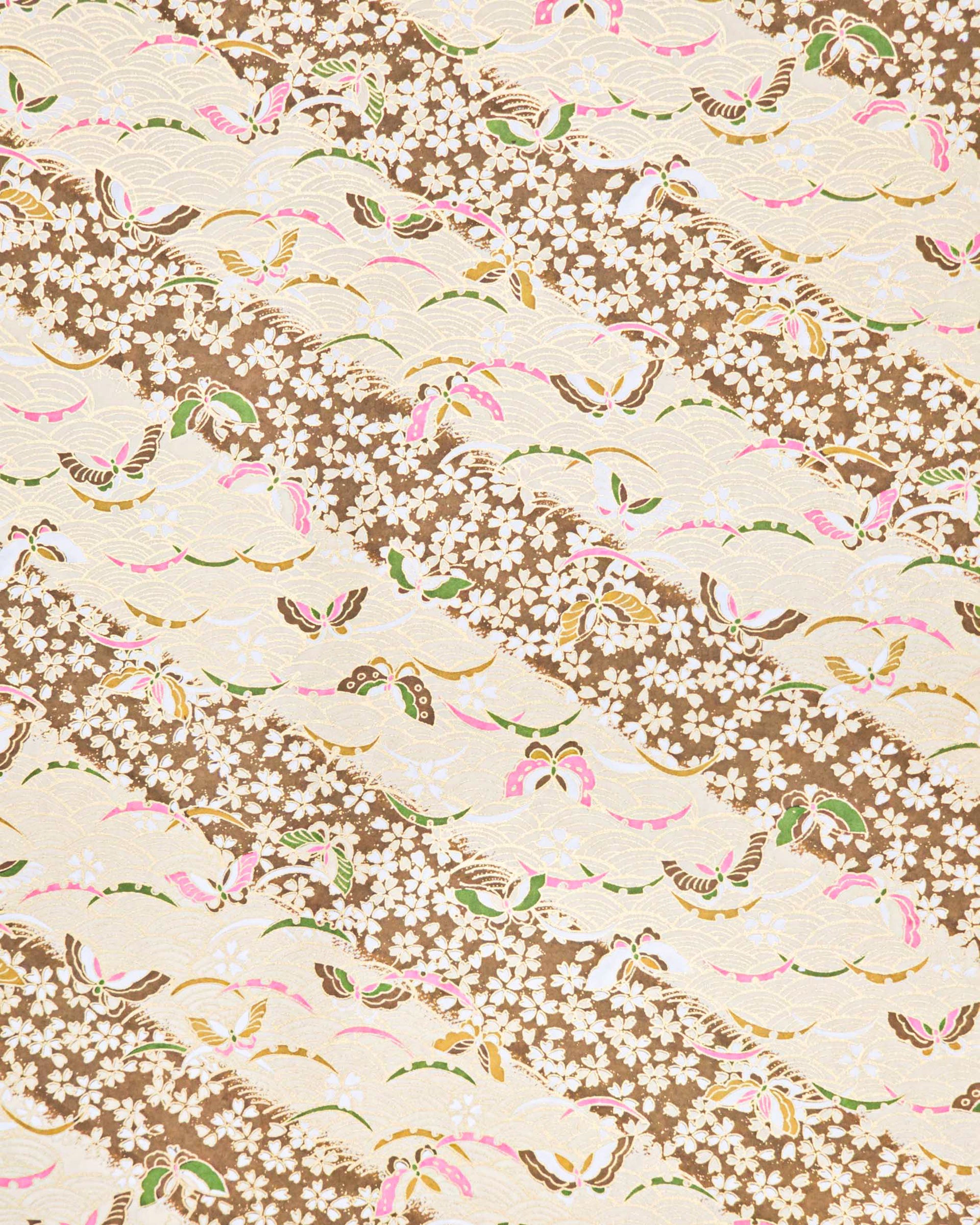 Japanese chiyogami paper featuring brown, pink, and green butterflies and small brown cherry blossoms on a brown seigaiha (wave crest) background with metallic gold details.