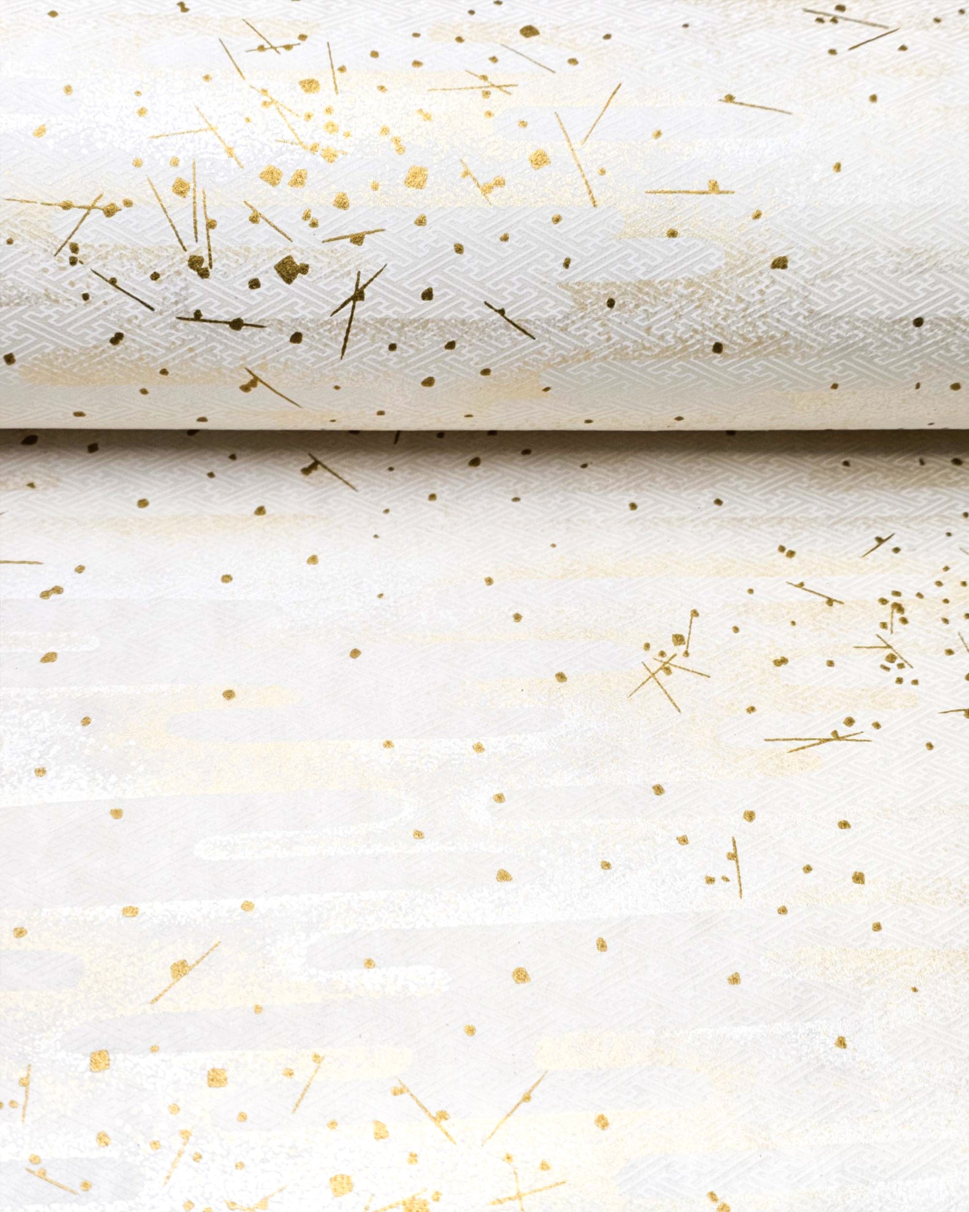 Japanese chiyogami paper featuring a white traditional Japanese sayagata design on a white background with metallic gold and silver details.