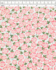 Japanese chiyogami paper featuring pink morning glory flowers with green leaves on a white background with metallic gold details.