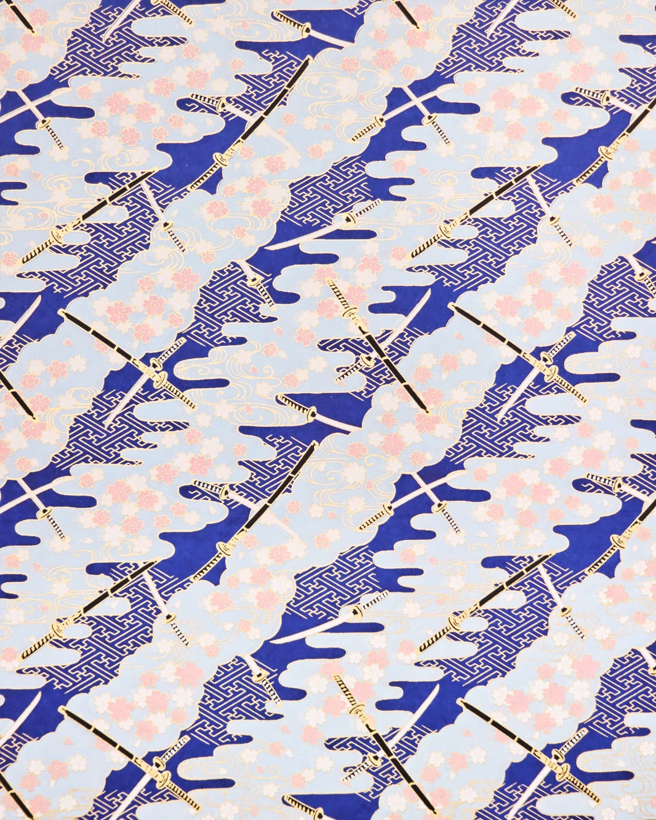 Japanese chiyogami paper featuring black and white katana swords with white and light pink cherry blossoms on a blue background with metallic gold details.