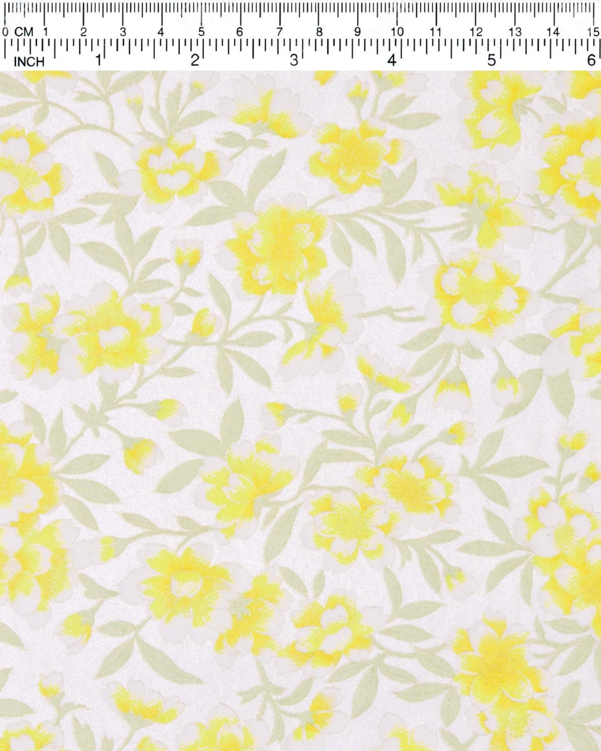 Japanese chiyogami paper featuring large yellow and white flowers with light green leaves on a pearlescent white background.