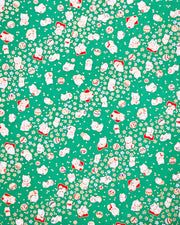 Japanese chiyogami paper featuring assorted white and red Maneki Neko (lucky cats) with small white and gold cherry blossoms and temari balls on a green background with metallic gold details.