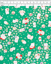 Japanese chiyogami paper featuring assorted white and red Maneki Neko (lucky cats) with small white and gold cherry blossoms and temari balls on a green background with metallic gold details.