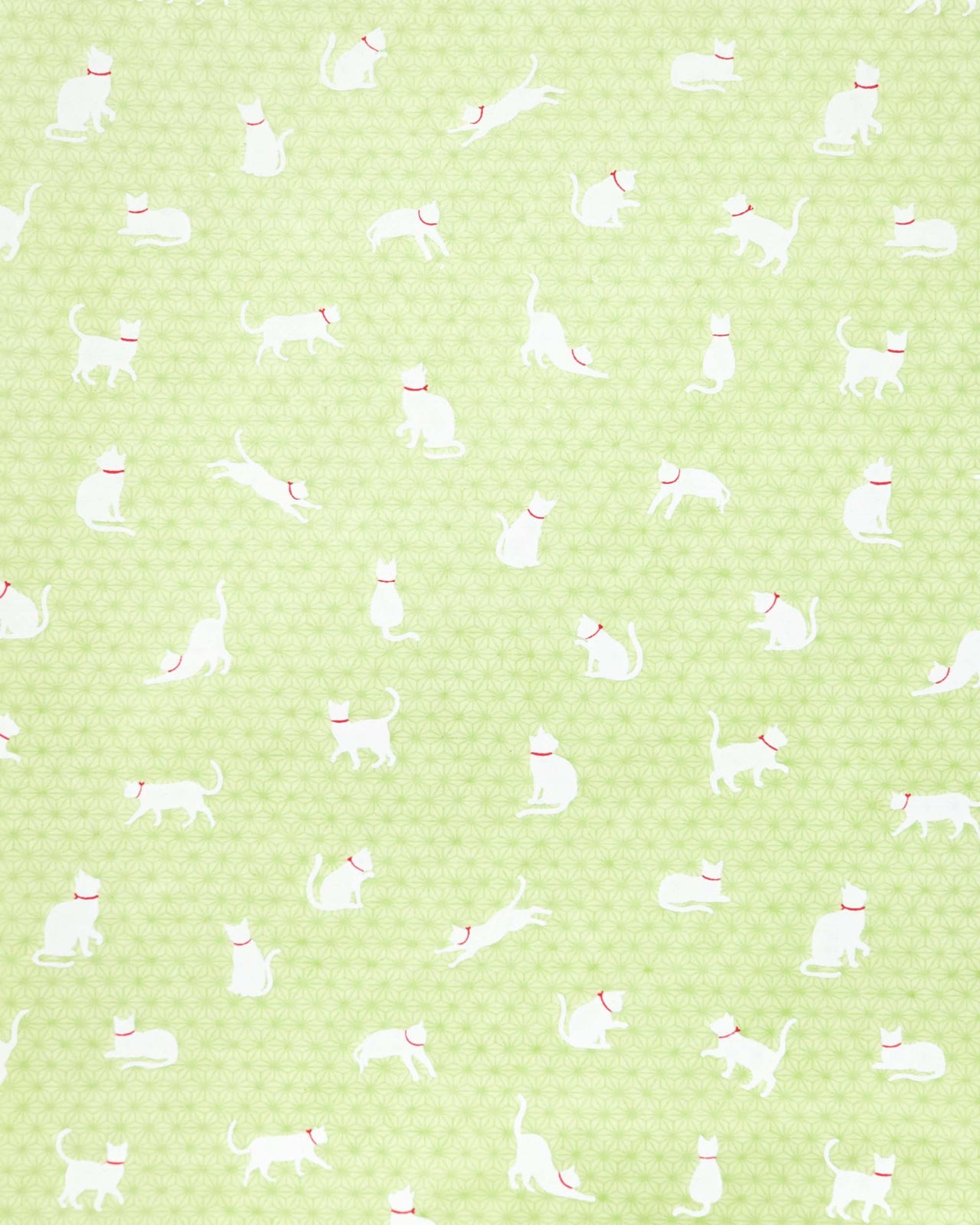 Japanese chiyogami paper featuring assorted white cats with red collars on a light green asanoha (hemp leaf) background.