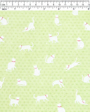 Japanese chiyogami paper featuring assorted white cats with red collars on a light green asanoha (hemp leaf) background.