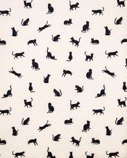 Japanese chiyogami paper featuring assorted black cats with red collars on a light beige asanoha (hemp leaf) background.