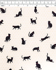 Japanese chiyogami paper featuring assorted black cats with red collars on a light beige asanoha (hemp leaf) background.