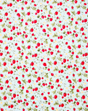 Japanese chiyogami paper featuring red strawberries with green leaves and white flowers with yellow centers on a light blue background. 