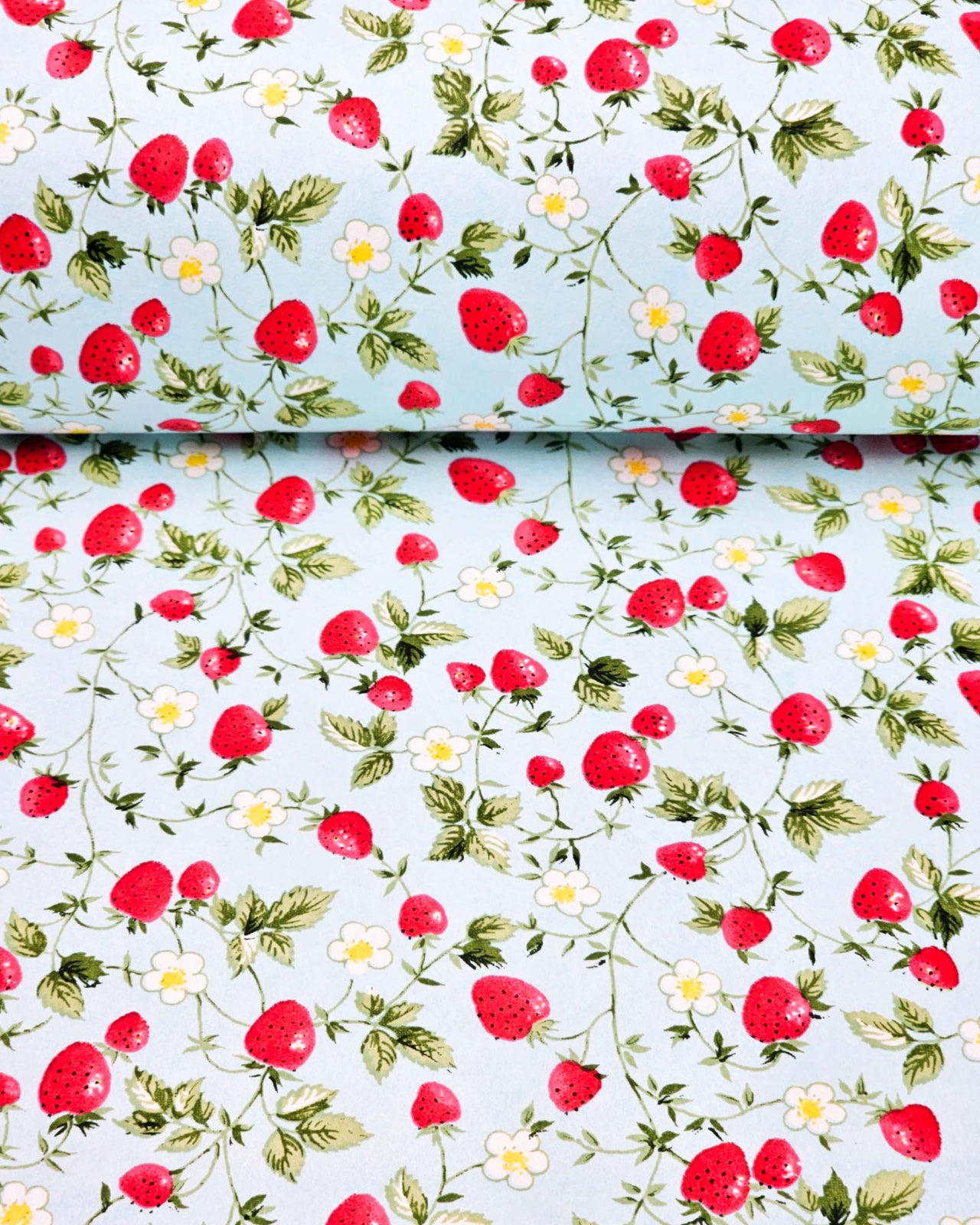 Japanese chiyogami paper featuring red strawberries with green leaves and white flowers with yellow centers on a light blue background. 