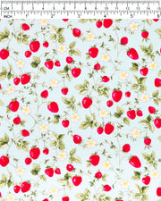 Japanese chiyogami paper featuring red strawberries with green leaves and white flowers with yellow centers on a light blue background. 