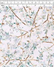 Japanese chiyogami paper featuring light blue and white plum blossoms with dark brown branches and green leaves on a metallic silver background with metallic gold details.
