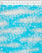 Japanese chiyogami paper featuring small white and gold cherry blossoms on a turquoise blue background with metallic gold details.