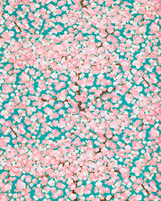 Japanese chiyogami paper featuring pink and white plum blossom trees with brown branches on a teal green background with metallic gold details.