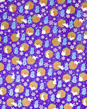 Japanese chiyogami paper featuring light blue snowmen, white rabbits, silver snowflakes, and brown yukiwas with red berries inside on a glitter blue background.