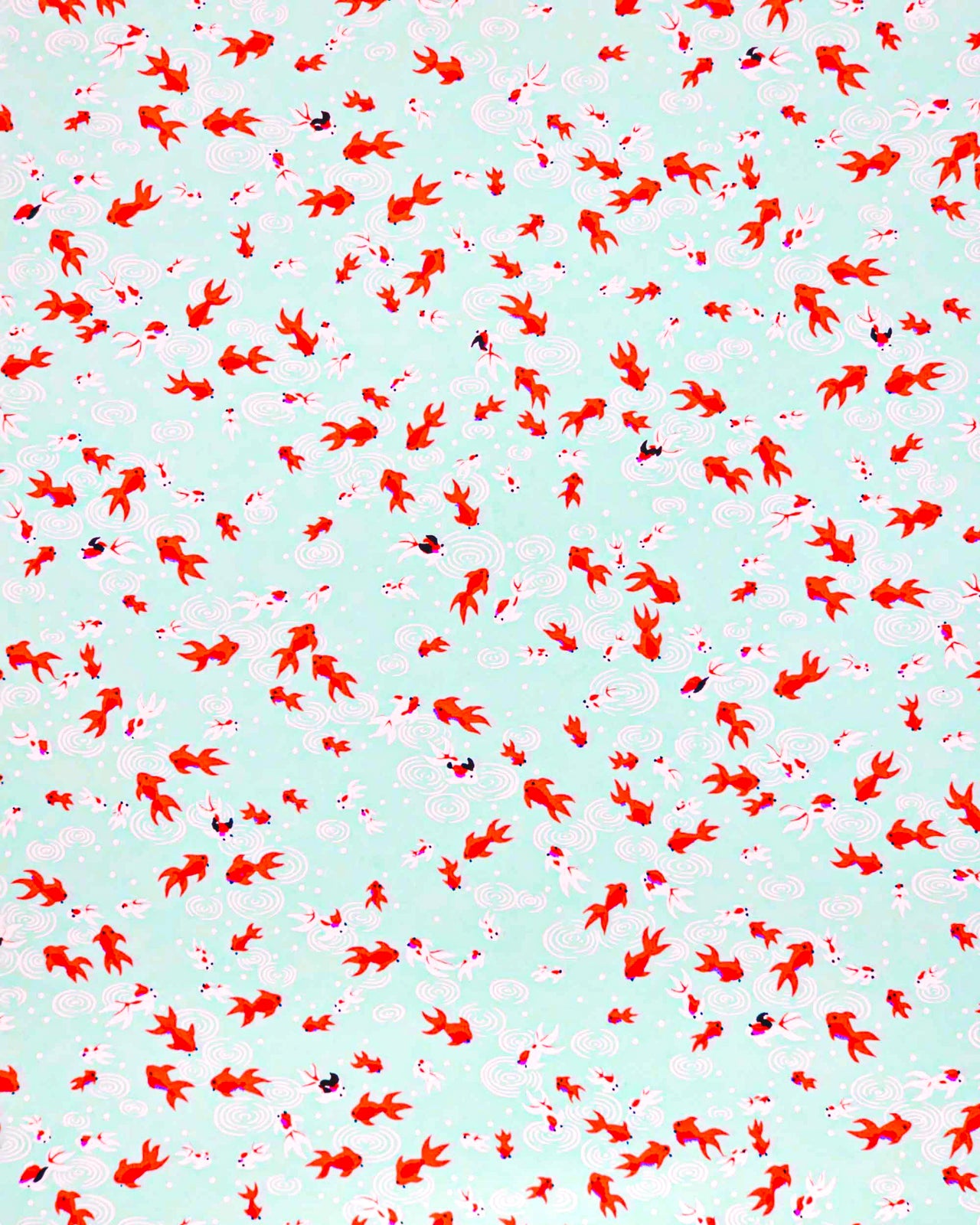 Japanese chiyogami paper featuring red orange and white koi fishes on a turquoise blue background with white water ripples.