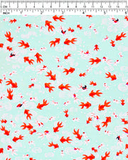 Japanese chiyogami paper featuring red orange and white koi fishes on a turquoise blue background with white water ripples.