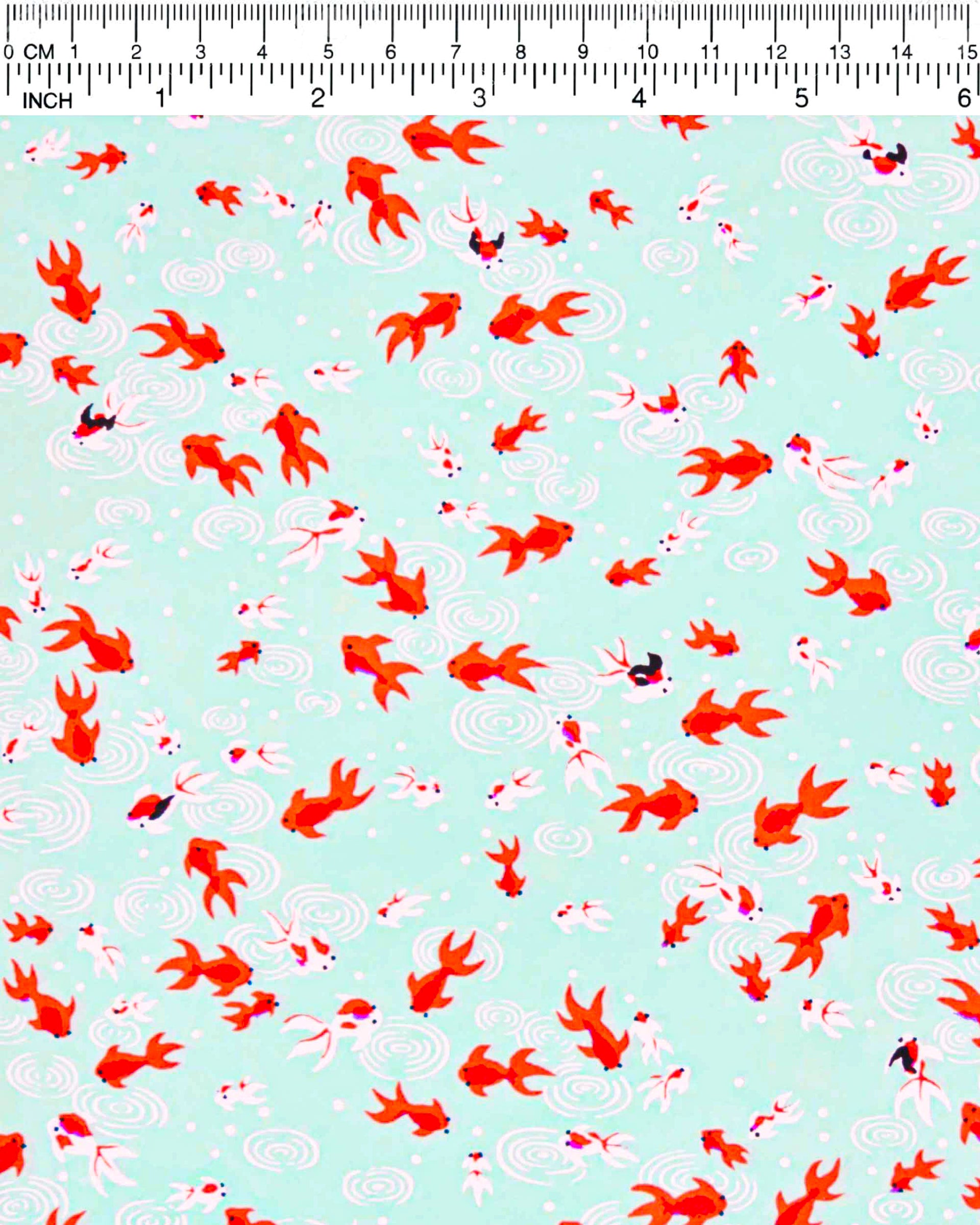 Japanese chiyogami paper featuring red orange and white koi fishes on a turquoise blue background with white water ripples.