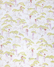 Japanese chiyogami paper featuring white flying cranes, purple and red wisteria, and green pine on a pearlescent white background with metallic gold details.