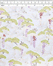 Japanese chiyogami paper featuring white flying cranes, purple and red wisteria, and green pine on a pearlescent white background with metallic gold details.