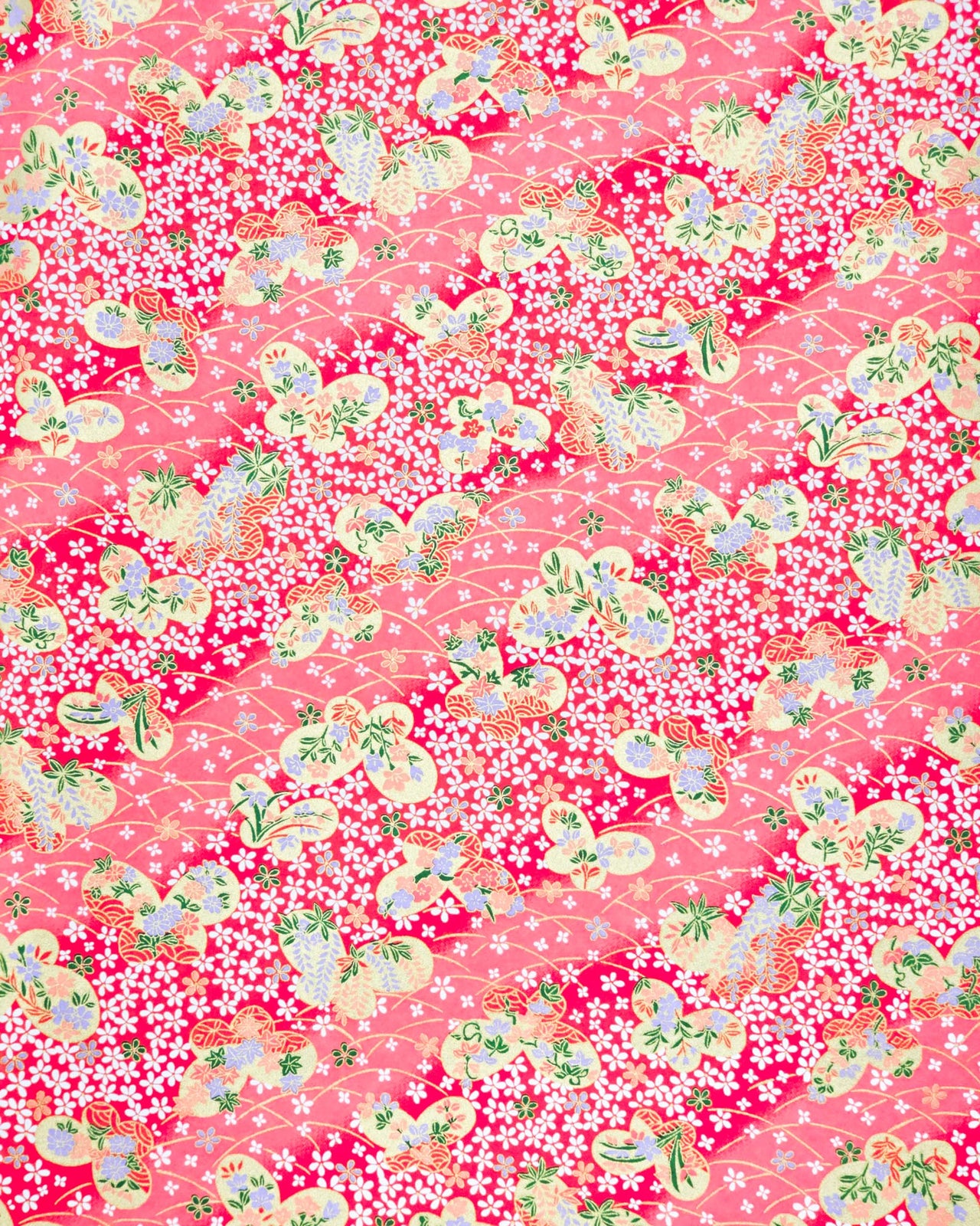Japanese chiyogami paper featuring metallic gold butterflies with purple and pink flowers on a red background covered with small white flowers.