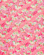 Japanese chiyogami paper featuring metallic gold butterflies with purple and pink flowers on a red background covered with small white flowers.