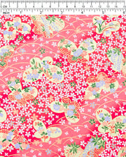 Japanese chiyogami paper featuring metallic gold butterflies with purple and pink flowers on a red background covered with small white flowers.
