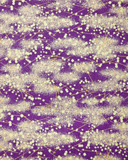Japanese chiyogami paper featuring scattered metallic gold geometric shapes and fine gold lines on a dark purple background.