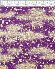 Japanese chiyogami paper featuring scattered metallic gold geometric shapes and fine gold lines on a dark purple background.