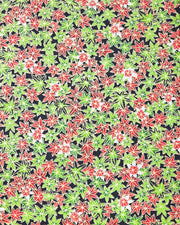 Japanese chiyogami paper featuring red, green, and white maples leaves on a black background with metallic gold details.