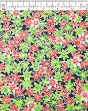 Japanese chiyogami paper featuring red, green, and white maples leaves on a black background with metallic gold details.