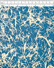 Japanese chiyogami paper featuring a metallic gold fiber-like unryu design on a blue background.