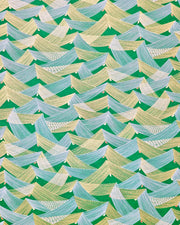 Japanese chiyogami paper featuring thin metallic gold and white lines in a triangular shape with small red and white triangles on a dark green background.