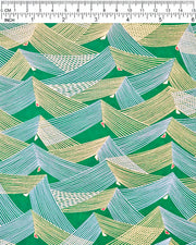 Japanese chiyogami paper featuring thin metallic gold and white lines in a triangular shape with small red and white triangles on a dark green background.