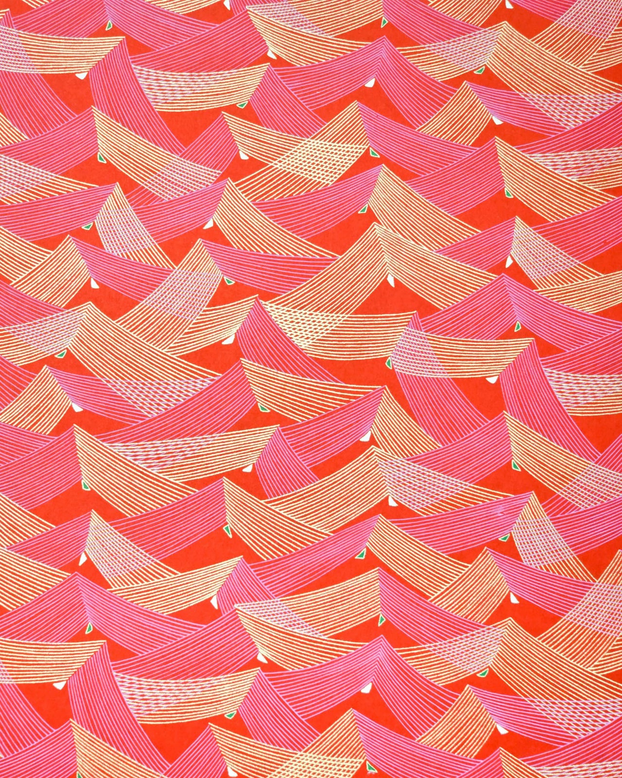 Japanese chiyogami paper featuring thin metallic gold and white lines in a triangular shape with small green and white triangles on a red background.