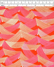 Japanese chiyogami paper featuring thin metallic gold and white lines in a triangular shape with small green and white triangles on a red background.